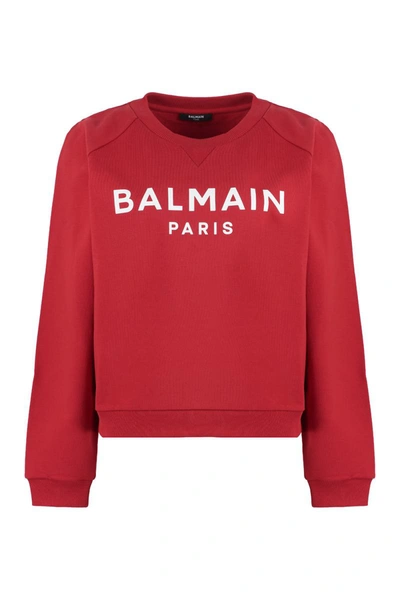 Shop Balmain Logo Detail Cotton Sweatshirt In Red