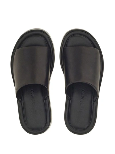 Ferragamo Crossover-strap Leather Slides In Black