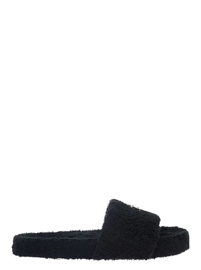 Shop Dolce & Gabbana Black Slide Sandal With Logo Plaque In Terrycloth Man