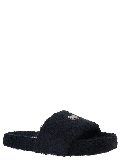 Shop Dolce & Gabbana Black Slide Sandal With Logo Plaque In Terrycloth Man