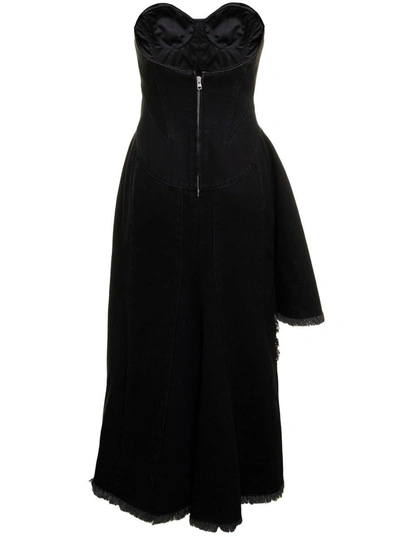 Shop Alexander Mcqueen Asymmetric Organic Black Denim 12oz Dress