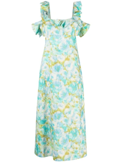 Shop Zimmermann Floral Print Linen Midi Dress In Green