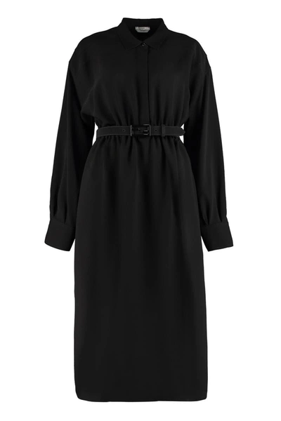 Shop Fendi Belted Silk Dress In Black