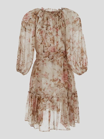 Shop Zamattio Gardenia Mini Dress In <p> Mini Dress In Beige Silk With Flowers Print And Sheer Texture