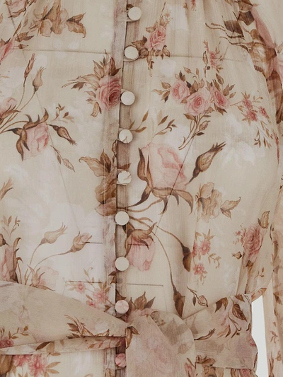Shop Zamattio Gardenia Mini Dress In <p> Mini Dress In Beige Silk With Flowers Print And Sheer Texture