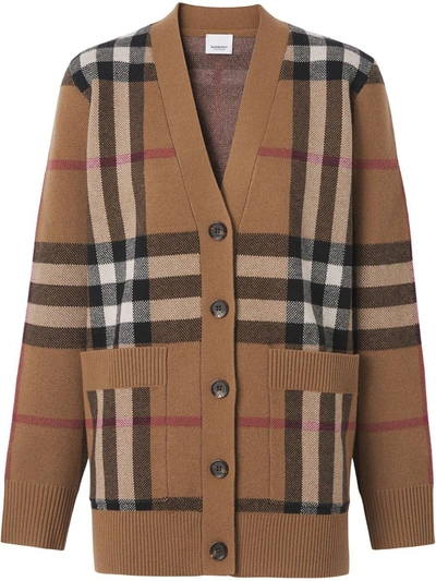 Shop Burberry Check Motif Wool Cardigan In Brown