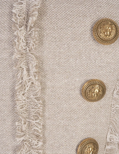 Shop Balmain Beige Crop Top In Linen And Silk With Fringes In Brown