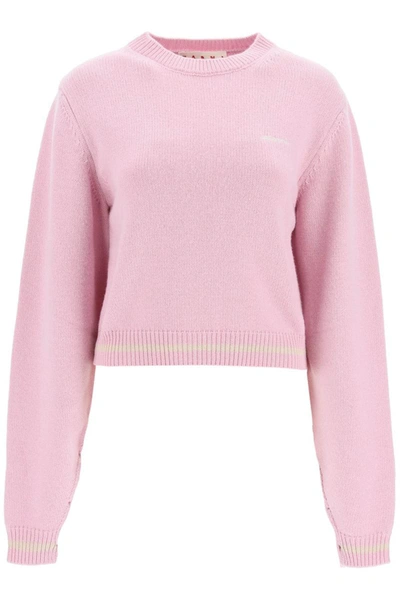 Shop Marni Sweater With Embroidered Logo In Pink