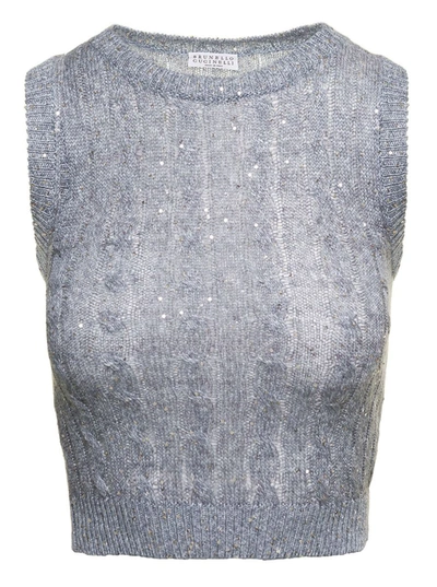 Shop Brunello Cucinelli Light Blue Crewneck Cable Knit Tank Top In Linen And Nylon Blend Woman