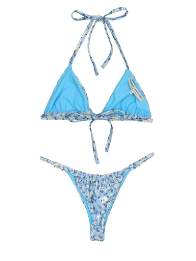 Shop Alessandra Rich Floral Print Laminated Bikini In Light Blue