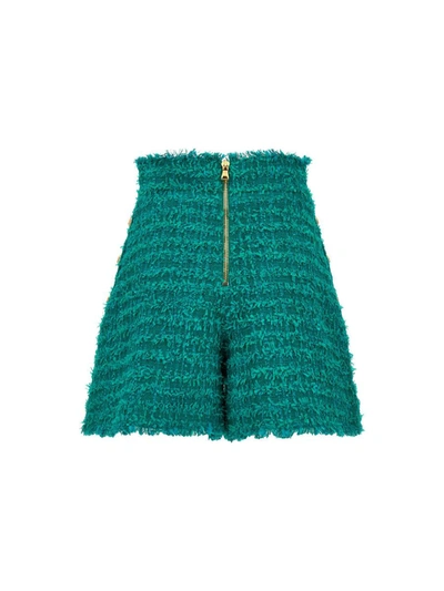 Shop Balmain Logo Button Tweed Bermuda Shorts In Green