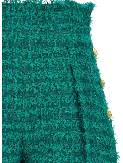 Shop Balmain Logo Button Tweed Bermuda Shorts In Green