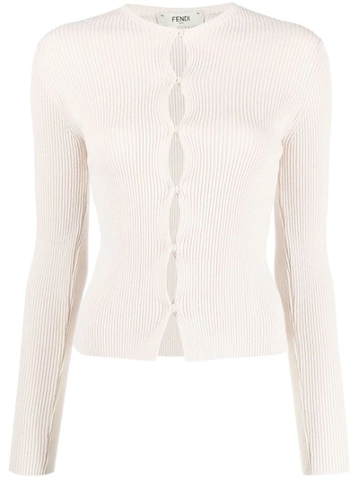 Shop Fendi Ribbed Cotton Cardigan In White