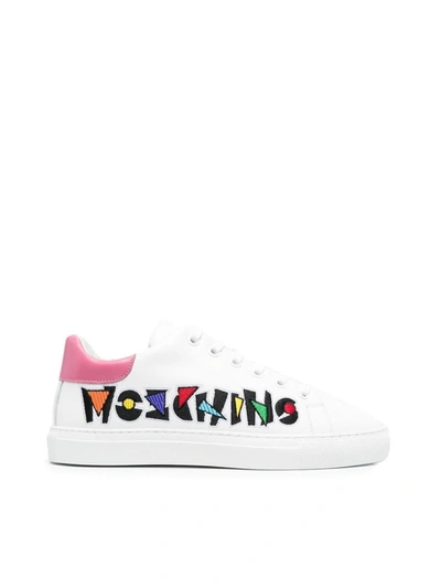 Shop Moschino Embroidered Logo Sneakers In White