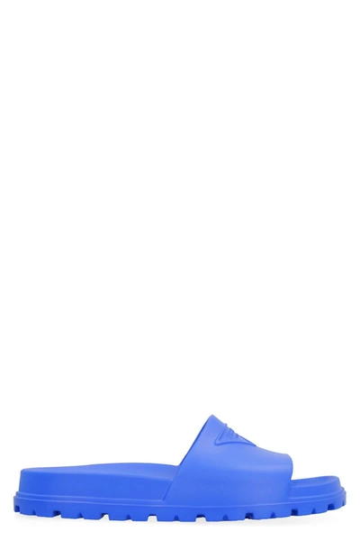 Shop Prada Logo Detail Rubber Slides In Blue