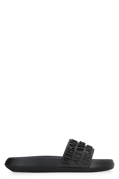 Shop Versace Logo Detail Rubber Slides In Black