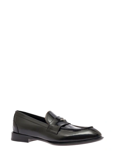 Shop Alexander Mcqueen Man's Black Leather Loafers With Logo