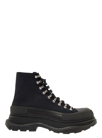 Shop Alexander Mcqueen 'trade Slick' Black Lace-up Boots With Thread Sole In Canvas Man