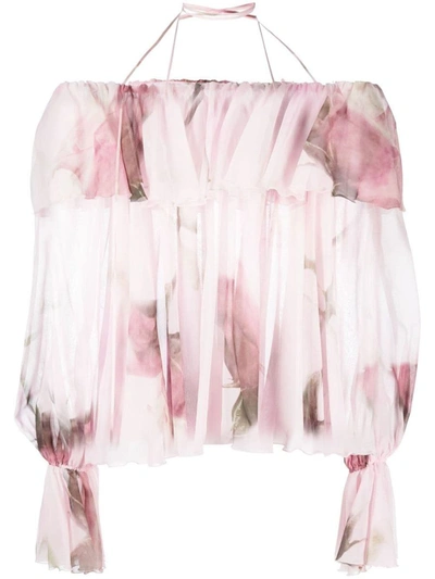 Shop Blumarine Ruffled-trim Floral-print Blouse In Pink