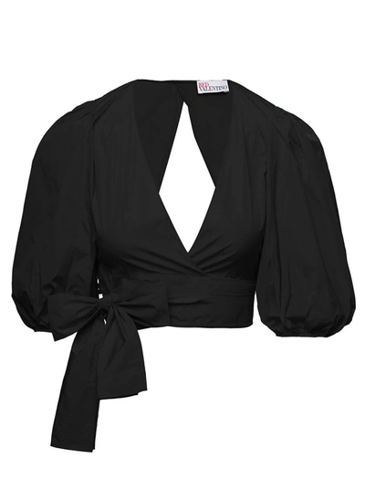 Shop Red Valentino Black Crop Blouse With Bow And Triangle Cut-out Detail In Taffeta Woman