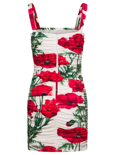 Shop Dolce & Gabbana Mini Multicolor Dress With All-over Poppies Print In Stretch Silk Woman In Red