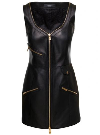 Shop Versace Black Sleeveless Full-zip Mini-dress In Leather Woman