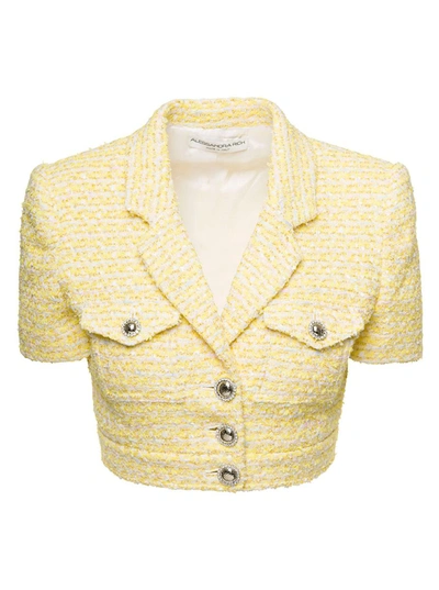 Shop Alessandra Rich Cropped Jacket With Pockets And Silver Buttons In Tweed Lurex Yellow Woman