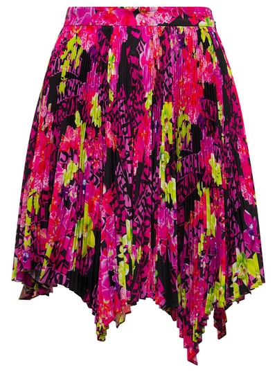 Shop Versace Multicolor Asymmetric Pleated Mini-skirt With Logo Orchid Print In Polyester Woman