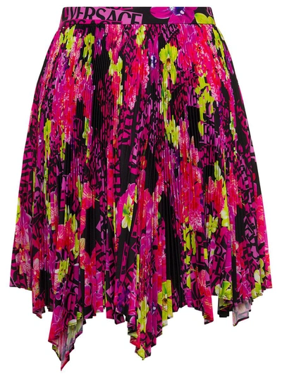 Shop Versace Multicolor Asymmetric Pleated Mini-skirt With Logo Orchid Print In Polyester Woman