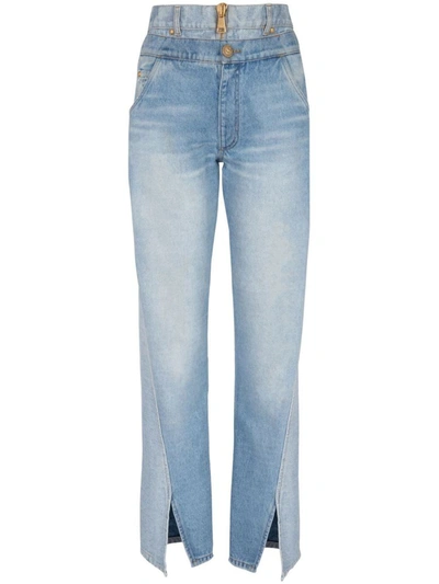 Shop Balmain Front Slit Straight Jeans In Blue