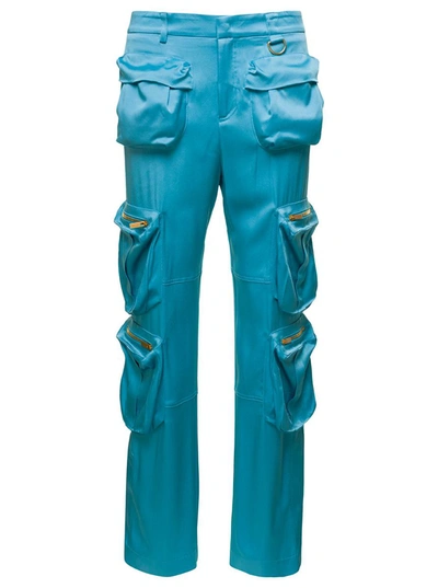 Shop Blumarine Light Blue Cargo Pants With Macro Patch Pockets In Satin Woman