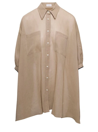Shop Brunello Cucinelli Beige Flared Short-sleeve Long Shirt In Cotton Woman