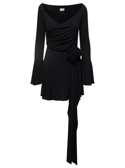 Shop Magda Butrym Black Fluted Mini Dress With Rose-appliquè In Viscose Woman