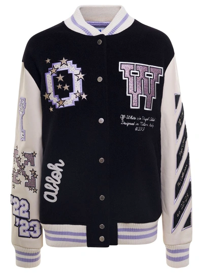 Shop Off-white Black And White Varsity Jacket With Embroidered Logo Patch In Wool Blend Woman