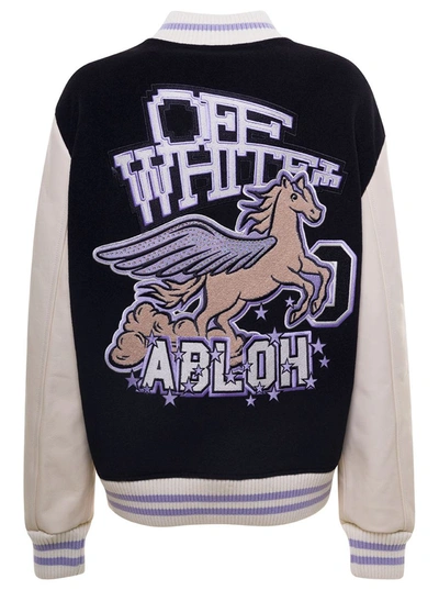 Shop Off-white Black And White Varsity Jacket With Embroidered Logo Patch In Wool Blend Woman