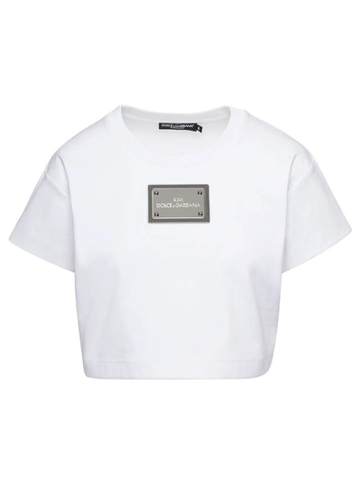 Shop Dolce & Gabbana White Cropped T-shirt With Logo Plate In Cotton Woman