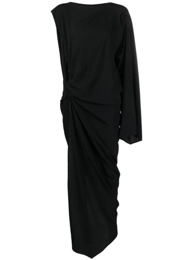 Shop Rick Owens Long One-shoulder Draped Silk Blend Dress In Black