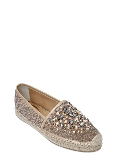 René Caovilla 20mm Lace & Swarovski Espadrilles In Beige