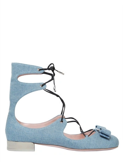 Ferragamo Denim Lace Up Closed-toe Sandal With Vara Bow In Pale Blue