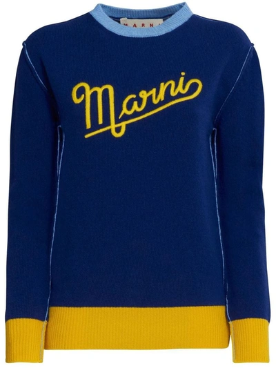 Shop Marni Crew Neck Sweater With Logo In Blue