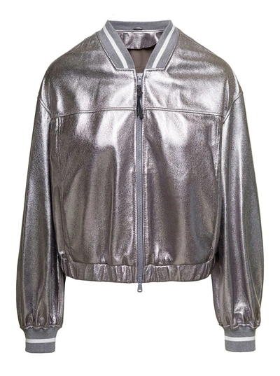 Shop Brunello Cucinelli Silver Bomber Jacket With Two-way Zip In Laminated Leather Woman In Grey