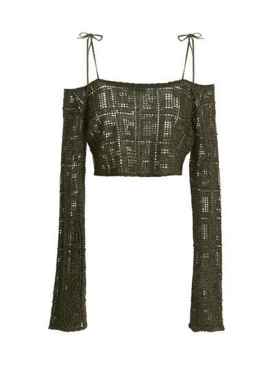 Gcds Off-shoulder Macramé Crop Top In Green
