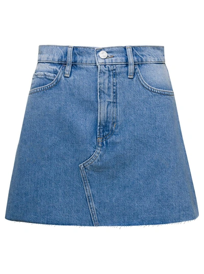 Shop Frame Light Blue High-waisted Mini-skirt With Branded Button In Cotton Denim Woman