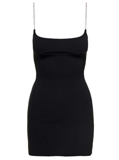Shop Gcds Black Fitted Minidress With Cut-out Detail And Rhinestone Spaghetti Straps In Polyamide Woman