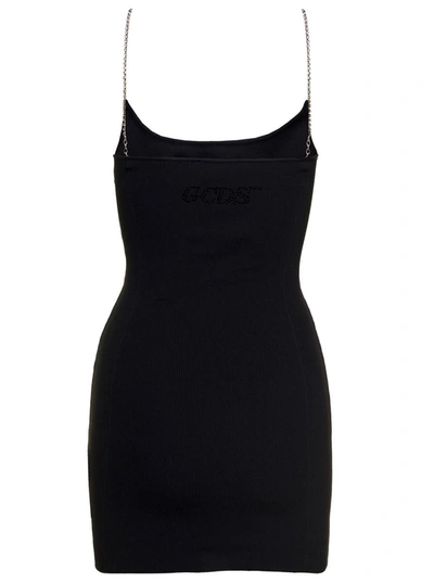 Shop Gcds Black Fitted Minidress With Cut-out Detail And Rhinestone Spaghetti Straps In Polyamide Woman