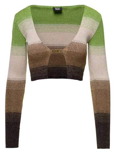 Shop Gcds Mini Gradient Cardigan With Logo Clip In Lurex Woman In Green