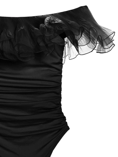 Shop Giambattista Valli One-piece Off-the-shoulder Ruffles Swimsuit In Black