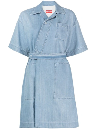 Shop Kenzo Denim Short Dress In Clear Blue