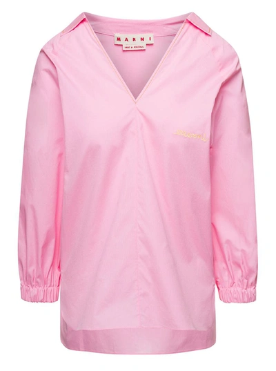 Shop Marni Pink V Neck Blouse With Logo Embroidery In Cotton Woman