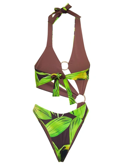 Shop Louisa Ballou Green Halterneck Swimsuit With Leaves Print And Cut Out In Polyester Woman In Multicolor